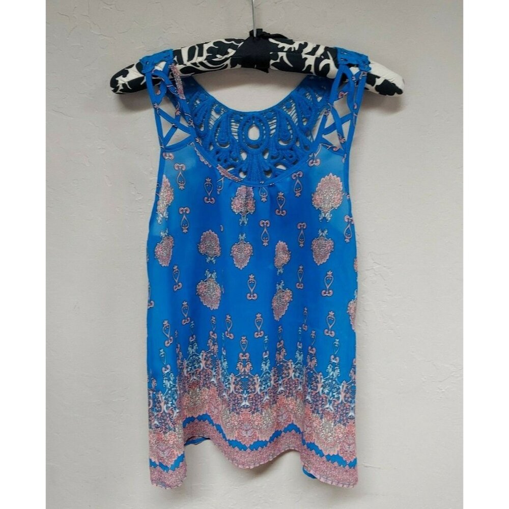 Mine Womens Embroidered Lace Back Boho Tank Top Size Small Paisley Floral Blue